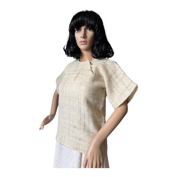 Handwoven by Gretchen one of one top shoulder button close tan cream size S - Picture 6 of 16